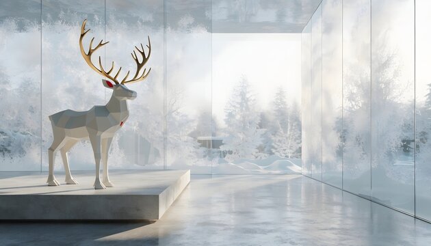 Geometric white reindeer statue in modern room with snowy winter forest view.