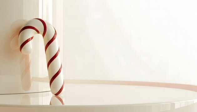 Glossy candy cane leaning on white wall with reflective studio floor background.