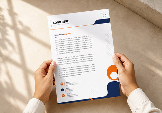 Letterhead Document Mockup Held by Hands with Sunlight Shadows
