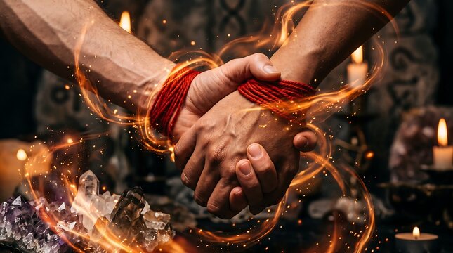 Mystical hands bound with red string, surrounded by glowing energy swirls, crystals, and candles in a magical ritual space.