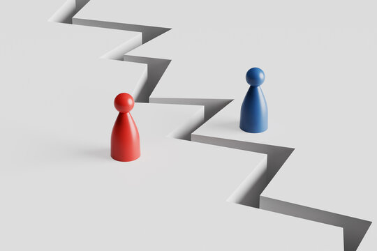 Red and blue pawns facing across a divide