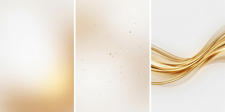 Three vertical abstract backgrounds featuring soft golden gradients and flowing silk wave patterns