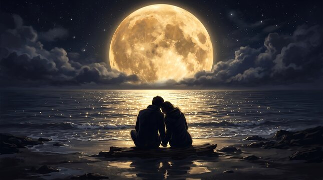 Romantic couple sitting together on a log by the ocean at night, watching a massive glowing full moon rise through clouds over sparkling water.