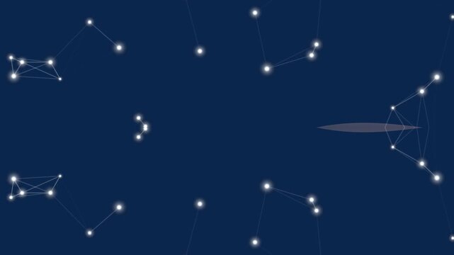 Abstract dark blue celestial background with glowing stars forming constellation patterns and connection lines