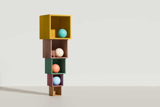 Colorful wooden cubes stacking with spheres balancing inside, representing delicate balance, risk, hierarchy, and growth