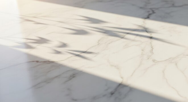 Light and shadow play on marble surface with plant silhouette