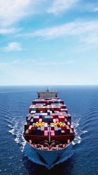 Aerial front view of a large container cargo ship traveling with speed over the ocean with copy space in the sky