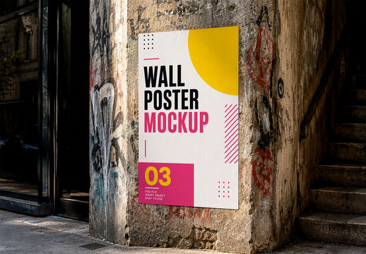 Realistic Glued Street Poster Mockup on Urban Grunge Concrete Pillar