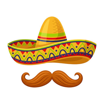 Traditional Mexican sombrero hat and brown handlebar mustache illustration