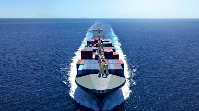 Aerial front view tracking of a container cargo ship cruising with speed over the ocean