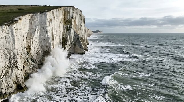 Dramatic White Chalk Cliffs with Waves Crashing Below