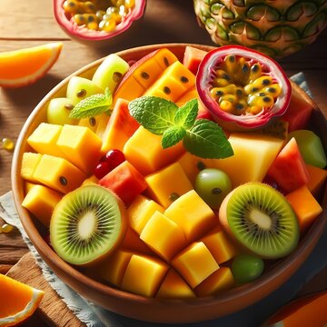 A vibrant close-up of a bowl of tropical fruit salad, with mango, papaya, pineapple, kiwi, and passion fruit, garnished with fresh mint, Ai generated image
