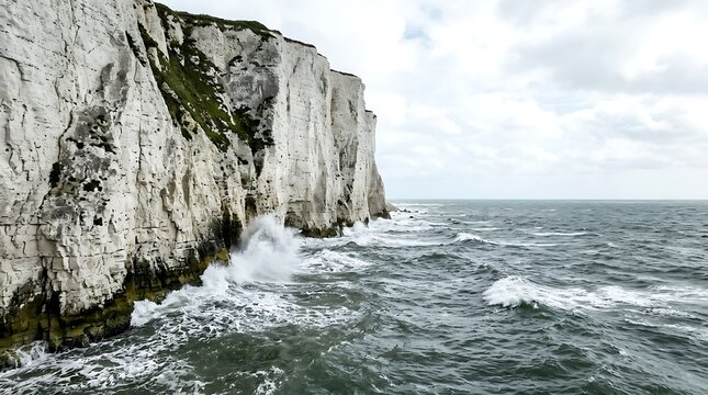 Rugged White Cliffs Meeting Rough Sea Under Cloudy Skies