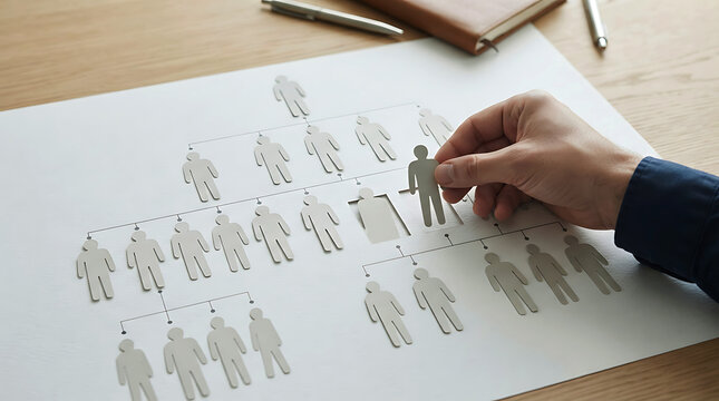 Person placing paper figure on organizational chart hierarchy diagram