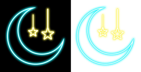 Neon crescent moon with hanging stars, shown against black and transparent backgrounds © Amena