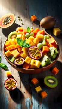A vibrant close-up of a bowl of tropical fruit salad, with mango, papaya, pineapple, kiwi, and passion fruit, garnished with fresh mint, Ai generated image