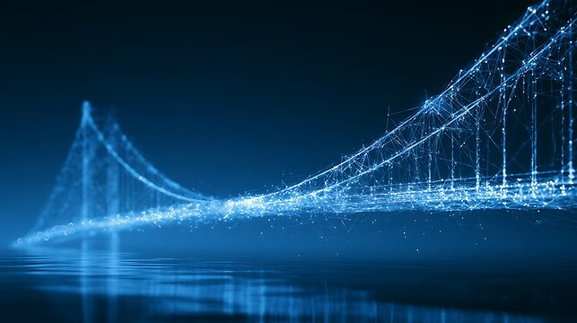 Global AI power bridge concept, glowing bridge carrying electricity and digital data between intelligent energy networks