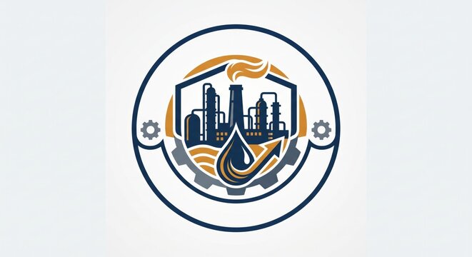 Logo and symbol for an industrial oil refinery business on a white background