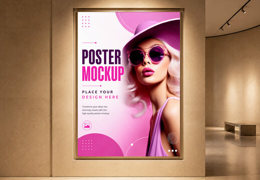 Vertical Illuminated Poster Mockup in Modern Indoor Corridor