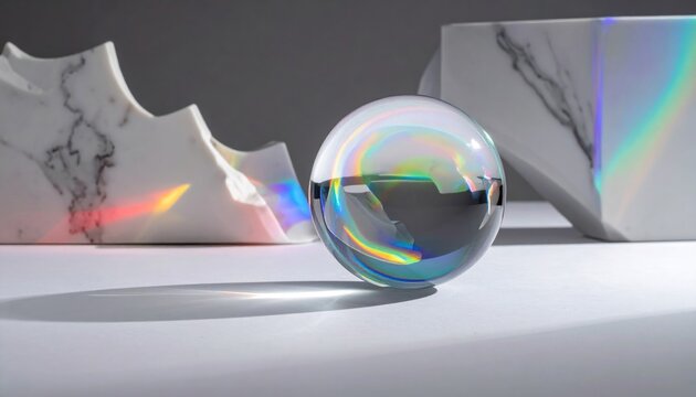Glass sphere with rainbow light on marble blocks.