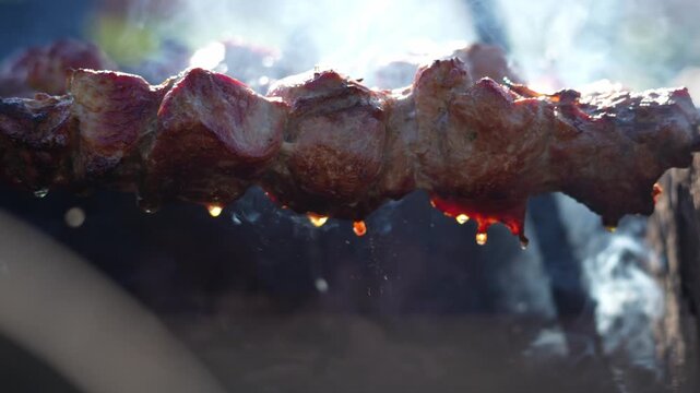 Sizzling meat drips juicy juices onto the grill. Rich browned surface glistens under heat. Smoke rises softly from the cooking surface. Ideal for food advertising or cooking tutorials