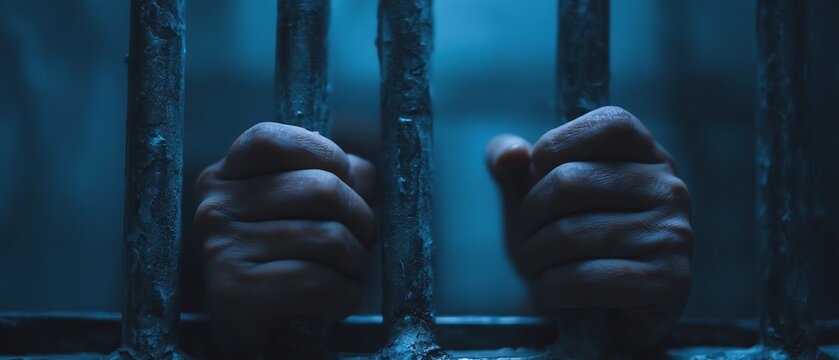 Hands gripping prison bars in dim lighting.