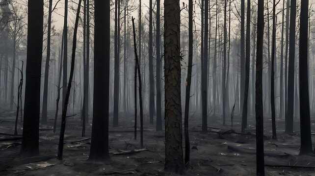 Charred tropical forest after a wildfire, with blackened trees, ash-covered ground and lingering smoke showing severe environmental damage.