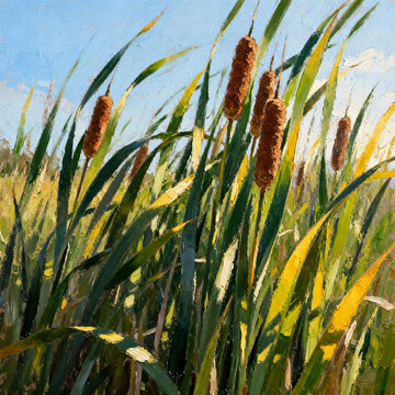 Cattails Impasto Oil Painting