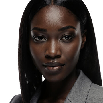 Woman portrait business professional Black woman in a grey blazer looking at camera isolated on a transparent background