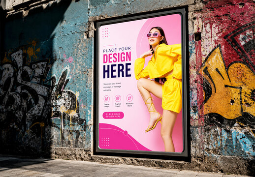 Vertical Poster Billboard Mockup on Urban Graffiti Wall