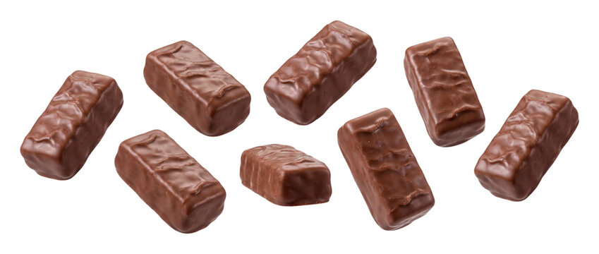 Falling chocolate candy bars isolated on transparent background
