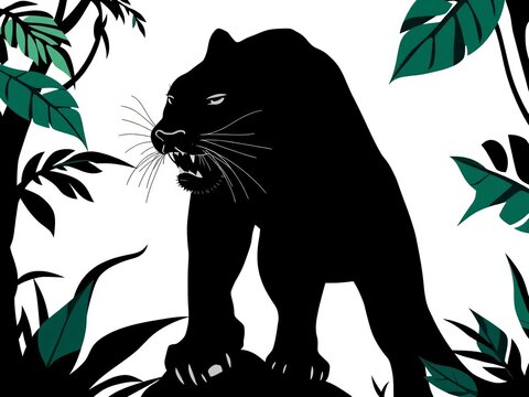 Wild jungle animal panther black and white vector silhouette isolated on white, wildlife, adventure