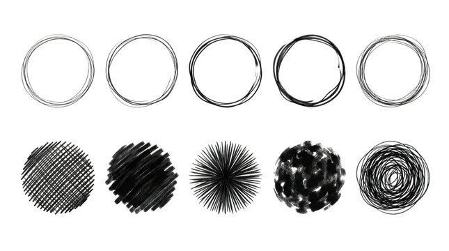 Ten handdrawn circles and sketchy shapes isolated on transparent background