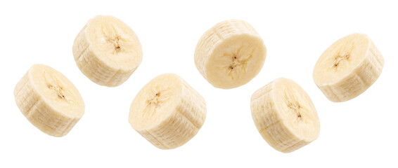 Falling banana slices isolated on transparent background © Photo Find