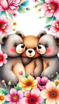 Whimsical illustration of three adorable bears surrounded by watercolor flowers, illustrations, whimsy