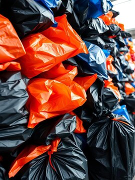 Tightly packed black blue and orange plastic trash bags, environmental issue, urban scene