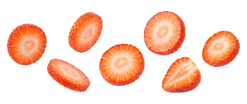 Falling strawberry slices isolated on transparent background