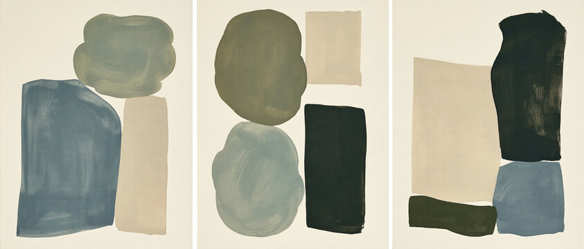 Abstract minimalist triptych art with organic shapes and earthy tones. Modern design concept for print and editorial use.