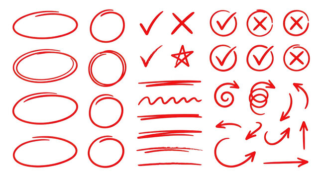 Red hand drawn doodle elements like arrows, checkmarks and circles isolated on transparent background