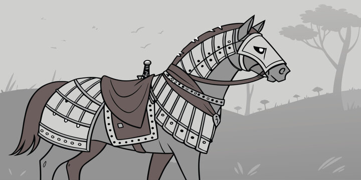 Armored warhorse in medieval battle gear standing in a landscape