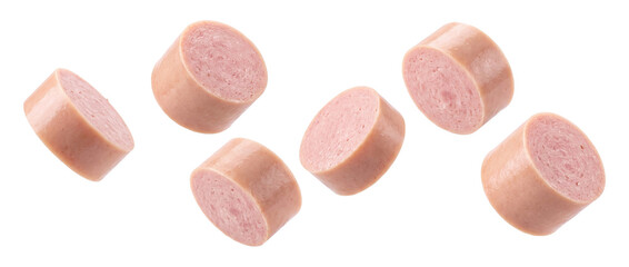 Falling sliced sausage isolated on transparent background © Photo Find