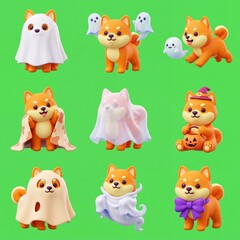 Fototapeta premium Cute cartoon dog characters celebrating halloween with ghosts and costumes