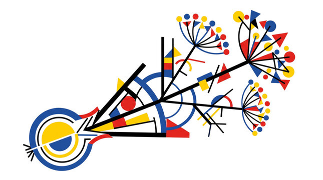 Abstract geometric floral composition in primary colors, Bauhaus style artistic illustration, modern minimalist graphic design isolated PNG with Transparent Background