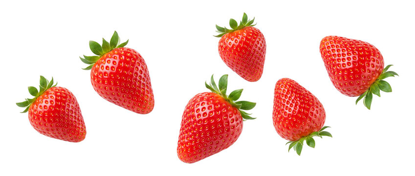 Falling strawberries isolated on transparent background