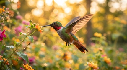 Fototapeta premium Ruby-throated hummingbird hovers gracefully in midair while feeding on bright nectar from colorful lantana flowers during a golden afternoon sunset