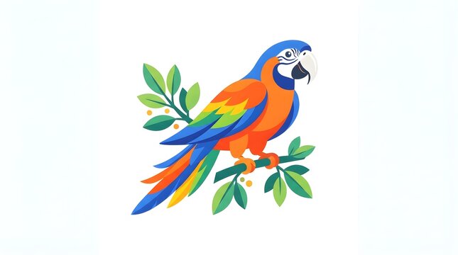 Colorful macaw parrot sitting on a branch illustrated with vibrant blue orange and yellow feathers in a clean flat style