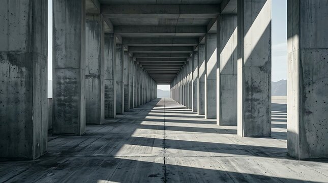Perspective view of a long concrete corridor with pillars under a bridge structure with natural light