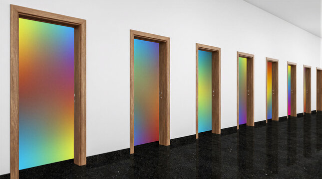 Gradient doors, infinite corridor featuring identical wooden doorways with colorful abstract gradient inserts along a white wall and polished floor