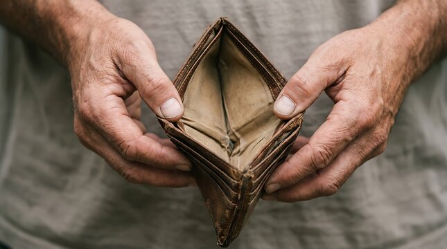 Mature man holding an empty brown leather wallet in his hands representing financial hardship