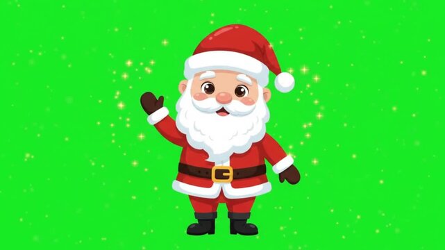 Cute cartoon Santa Claus waving hello with sparkling magic particles on green screen